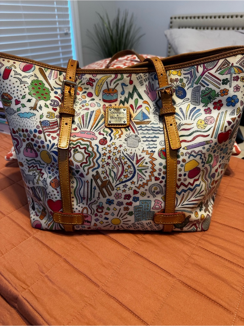 Dooney & Bourke White Multicolor Doodle Tote with Tan Leather Trim